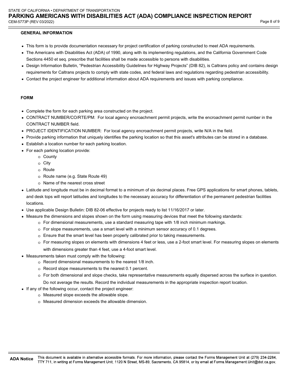 Form CEM-5773P Parking Americans With Disabilities Act (Ada) Compliance Inspection Report - California, Page 8