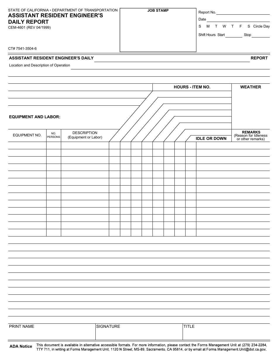 Form CEM-4601 Assistant Resident Engineers Daily Report - California, Page 1