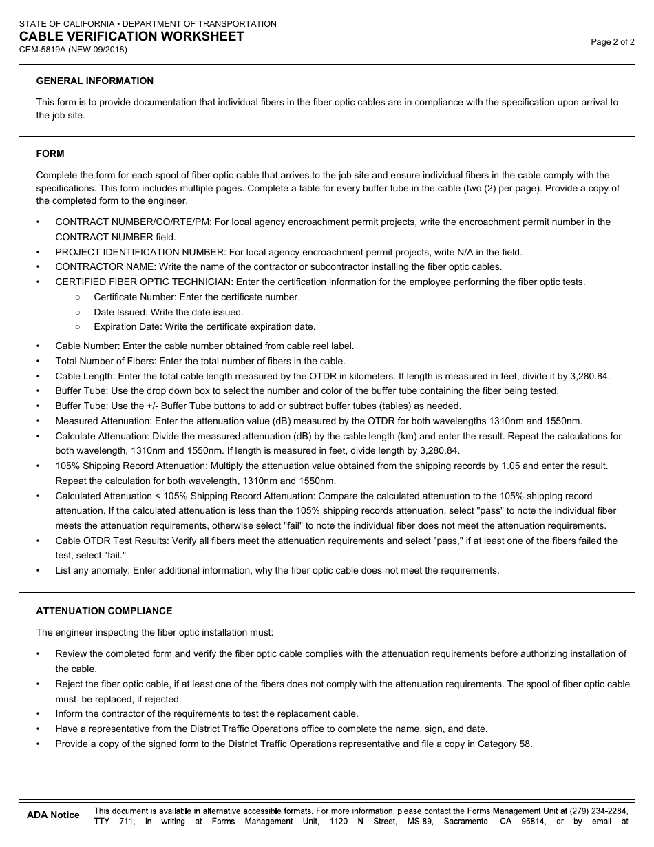 Form CEM-5819A Cable Verification Worksheet - California, Page 2