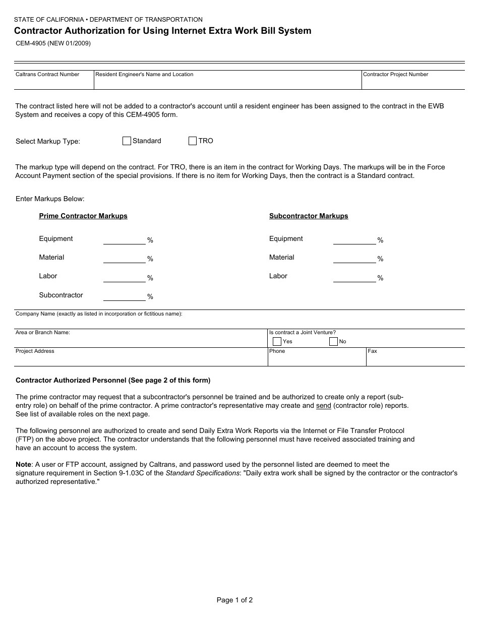 Form CEM-4905 Contractor Authorization for Using Internet Extra Work Bill System - California, Page 1