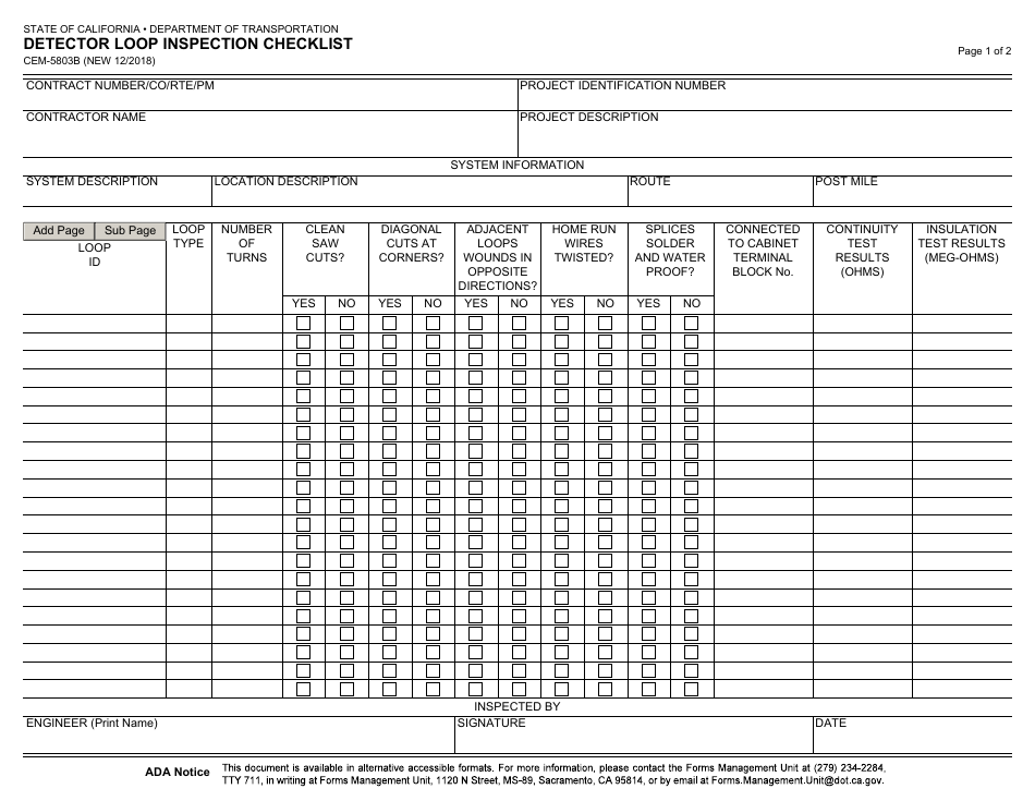 Form CEM-5803B Detector Loop Inspection Checklist - California, Page 1