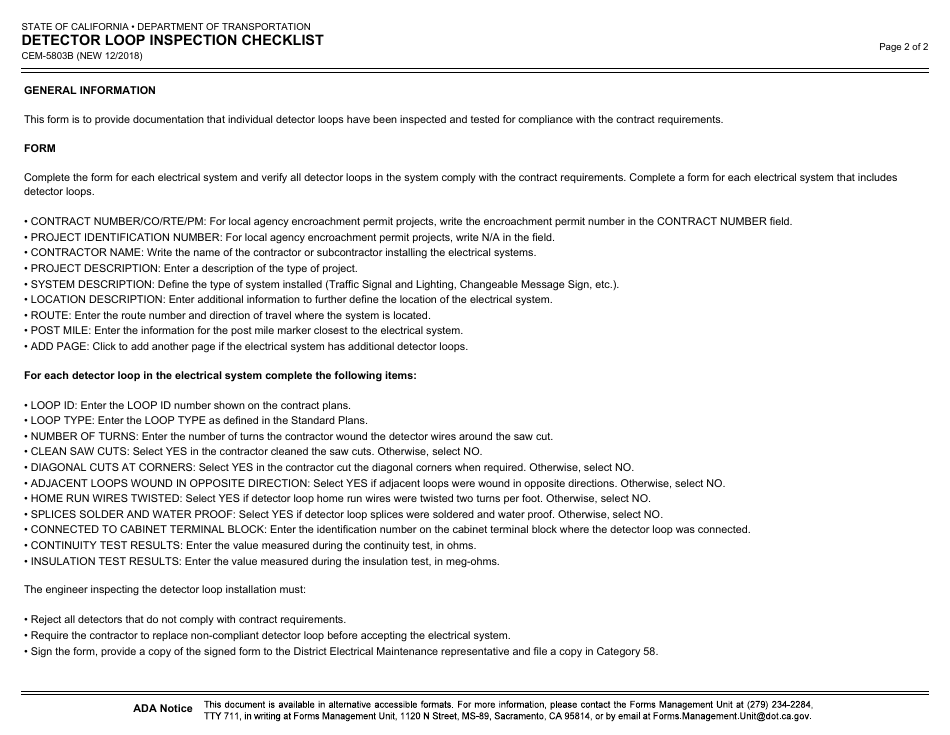 Form CEM-5803B Detector Loop Inspection Checklist - California, Page 2