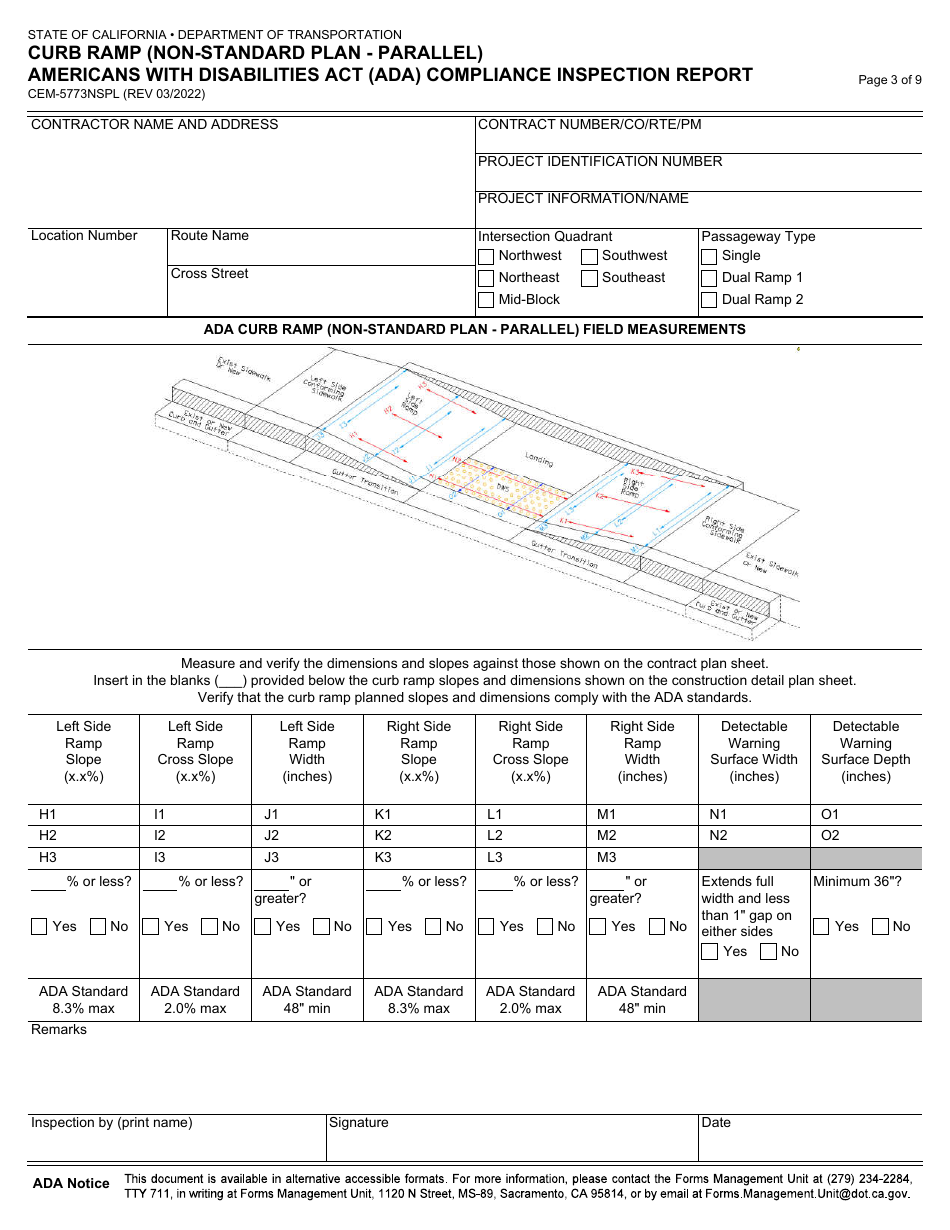 Form CEM-5773NSPL Curb Ramp (Non-standard Plan - Parallel) Americans With Disabilities Act (Ada) Compliance Inspection Report - California, Page 3