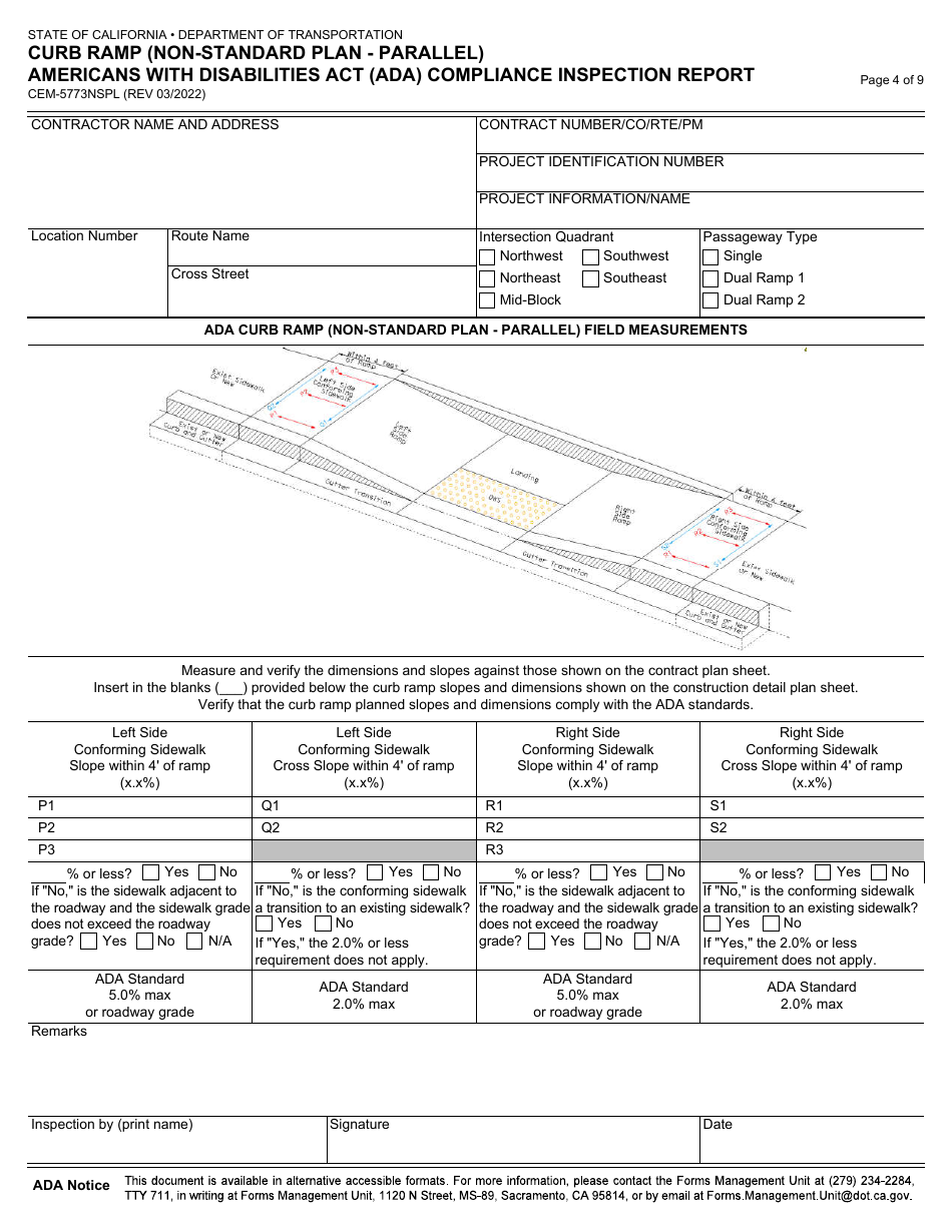 Form CEM-5773NSPL Curb Ramp (Non-standard Plan - Parallel) Americans With Disabilities Act (Ada) Compliance Inspection Report - California, Page 4