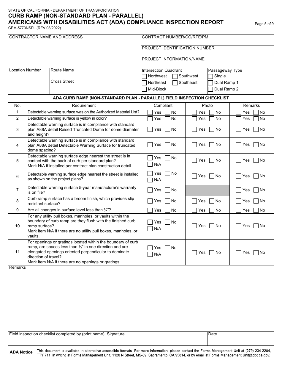 Form CEM-5773NSPL Curb Ramp (Non-standard Plan - Parallel) Americans With Disabilities Act (Ada) Compliance Inspection Report - California, Page 5