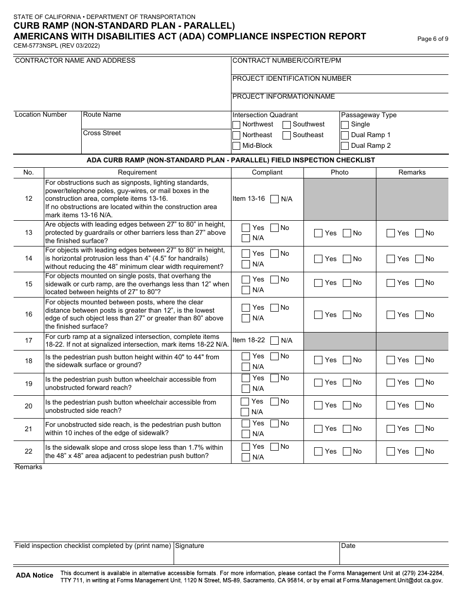 Form CEM-5773NSPL Curb Ramp (Non-standard Plan - Parallel) Americans With Disabilities Act (Ada) Compliance Inspection Report - California, Page 6
