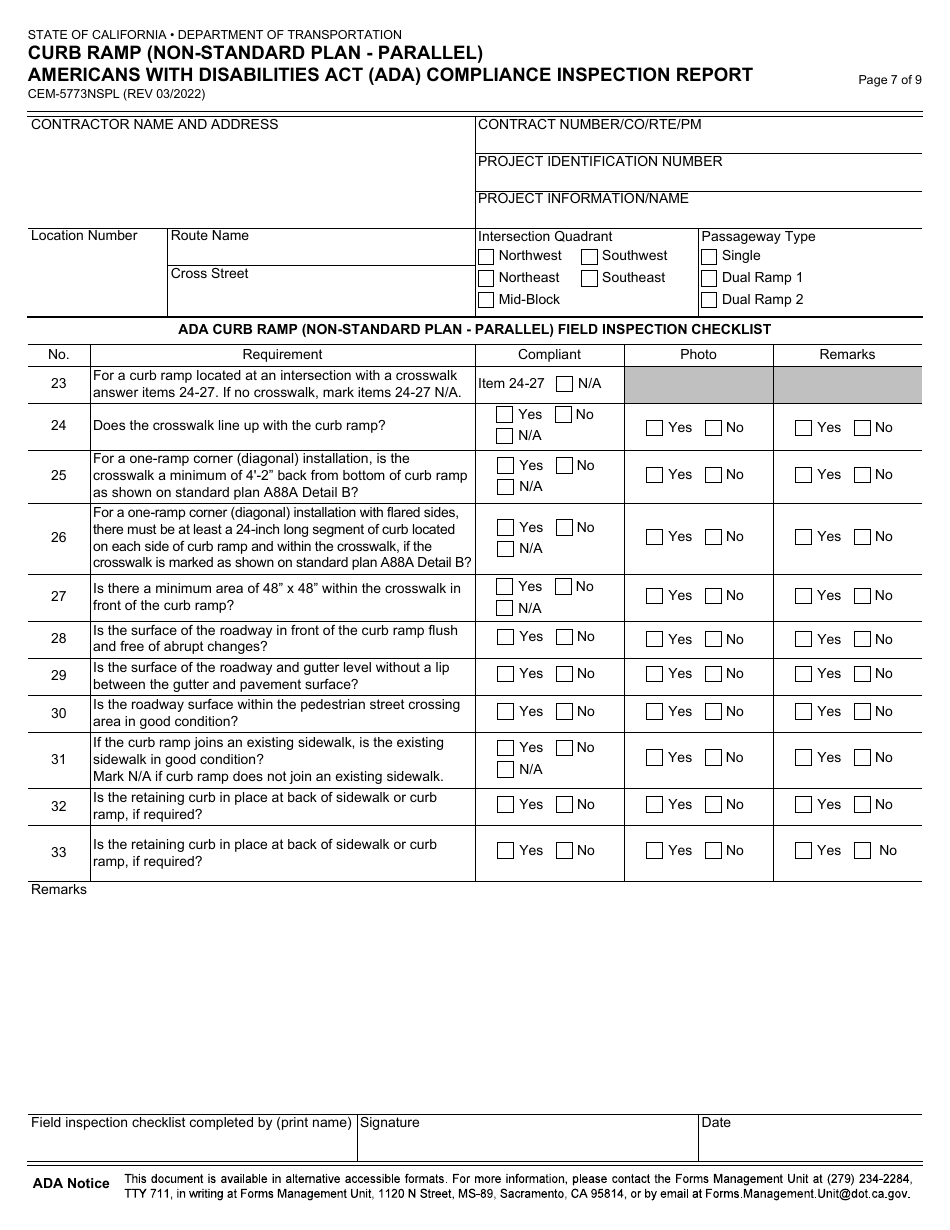 Form CEM-5773NSPL Curb Ramp (Non-standard Plan - Parallel) Americans With Disabilities Act (Ada) Compliance Inspection Report - California, Page 7