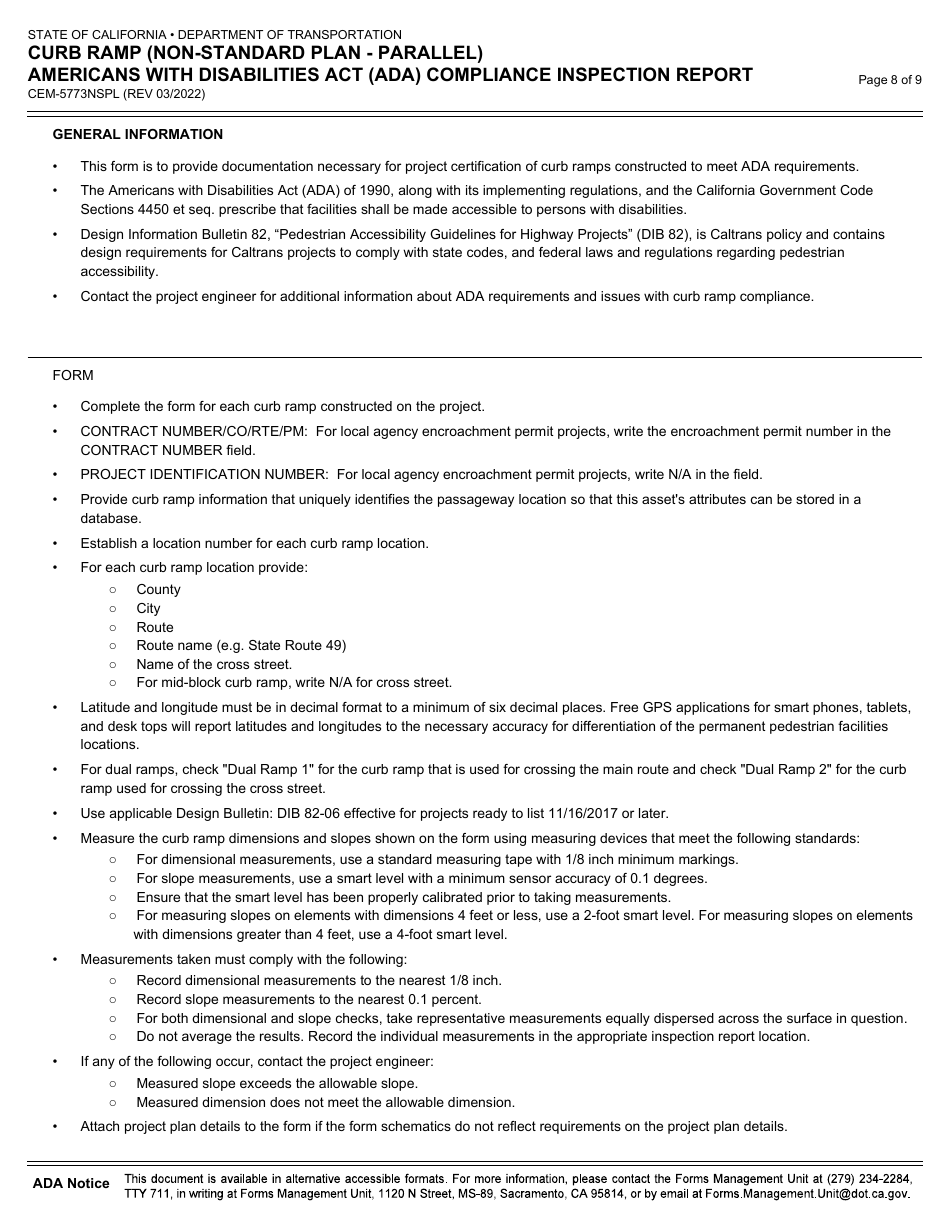 Form CEM-5773NSPL Curb Ramp (Non-standard Plan - Parallel) Americans With Disabilities Act (Ada) Compliance Inspection Report - California, Page 8