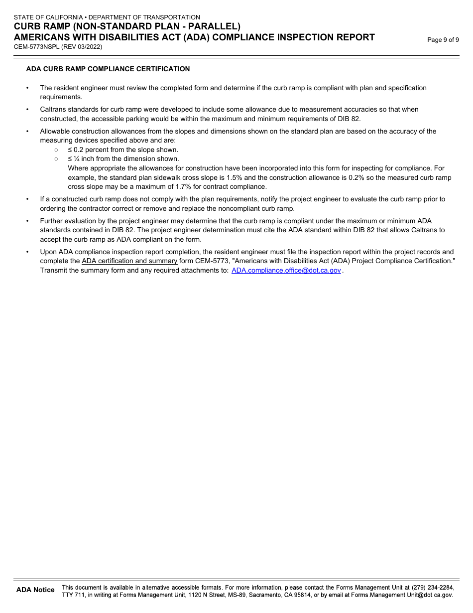 Form CEM-5773NSPL Curb Ramp (Non-standard Plan - Parallel) Americans With Disabilities Act (Ada) Compliance Inspection Report - California, Page 9