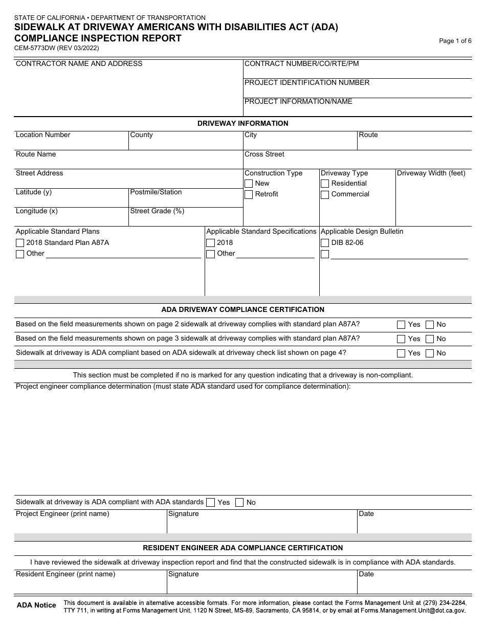 Form CEM-5773DW Sidewalk at Driveway Americans With Disabilities Act (Ada) Compliance Inspection Report - California, Page 1