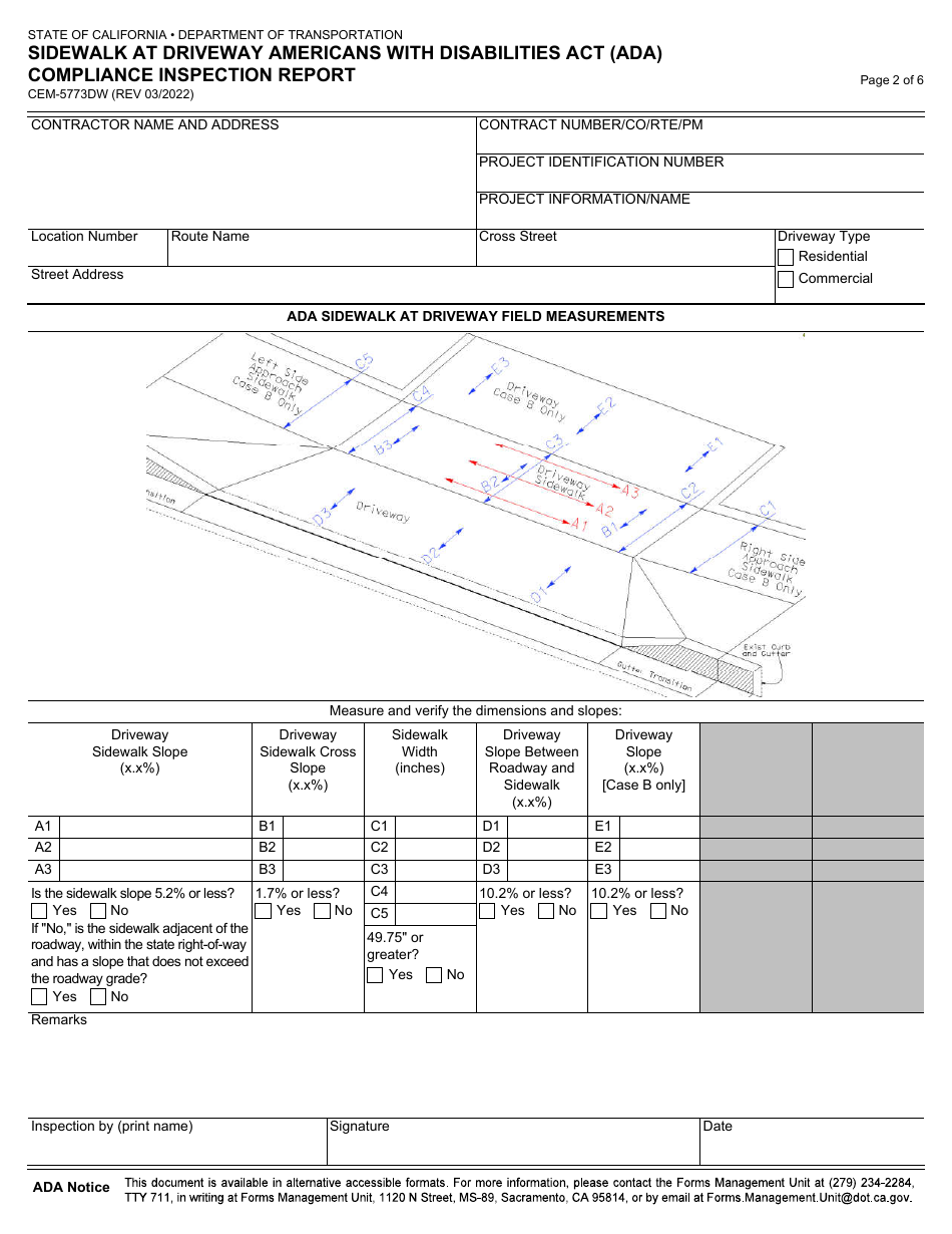 Form CEM-5773DW Sidewalk at Driveway Americans With Disabilities Act (Ada) Compliance Inspection Report - California, Page 2