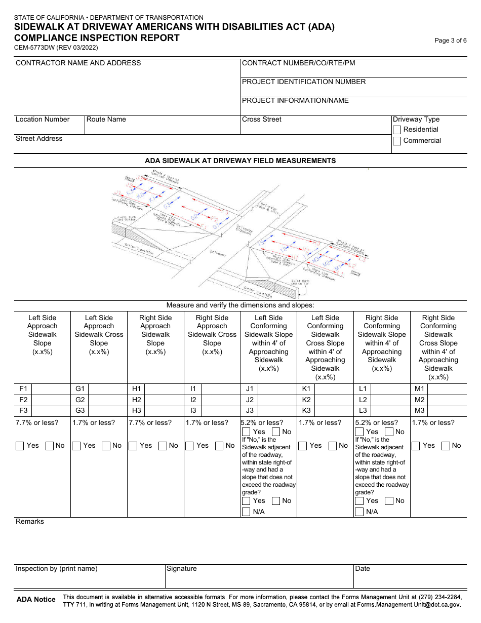 Form CEM-5773DW Sidewalk at Driveway Americans With Disabilities Act (Ada) Compliance Inspection Report - California, Page 3