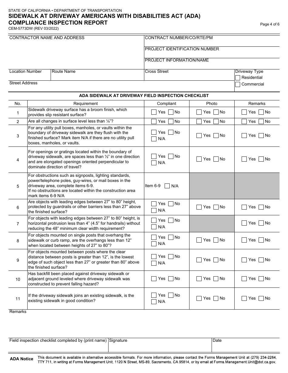 Form CEM-5773DW Sidewalk at Driveway Americans With Disabilities Act (Ada) Compliance Inspection Report - California, Page 4