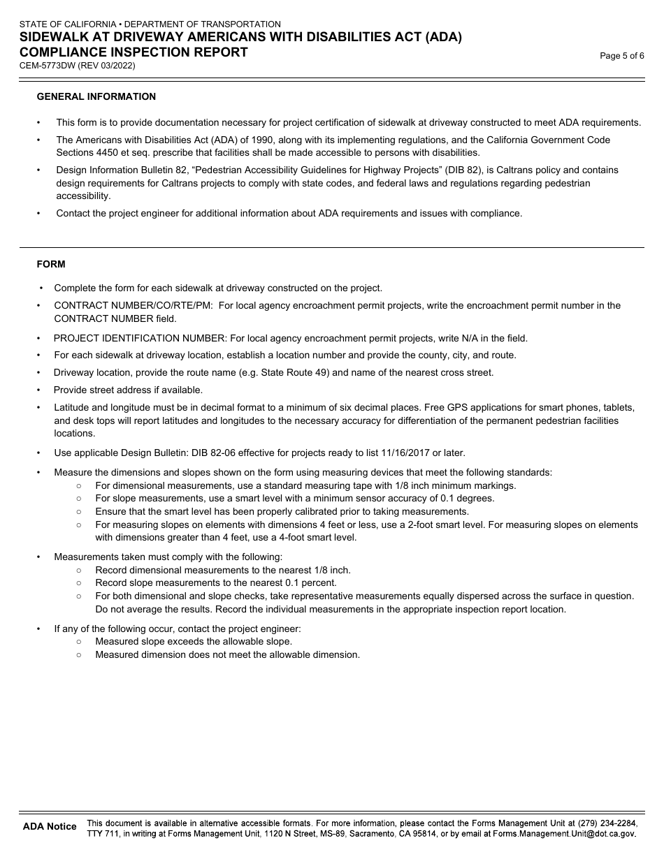 Form CEM-5773DW Sidewalk at Driveway Americans With Disabilities Act (Ada) Compliance Inspection Report - California, Page 5