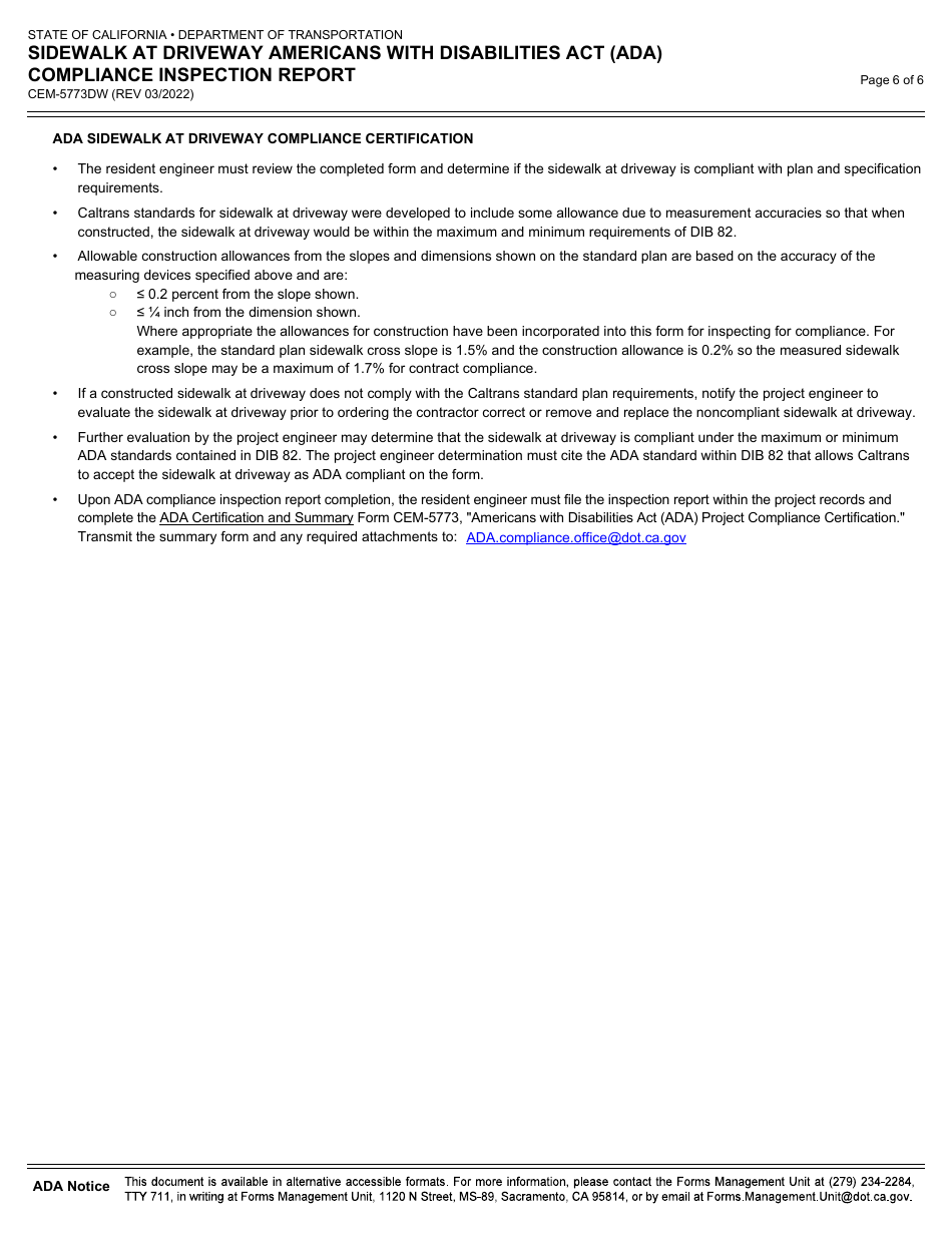 Form CEM-5773DW Sidewalk at Driveway Americans With Disabilities Act (Ada) Compliance Inspection Report - California, Page 6