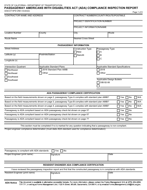 Form CEM-5773PW Passageway Americans With Disabilities Act (Ada) Compliance Inspection Report - California