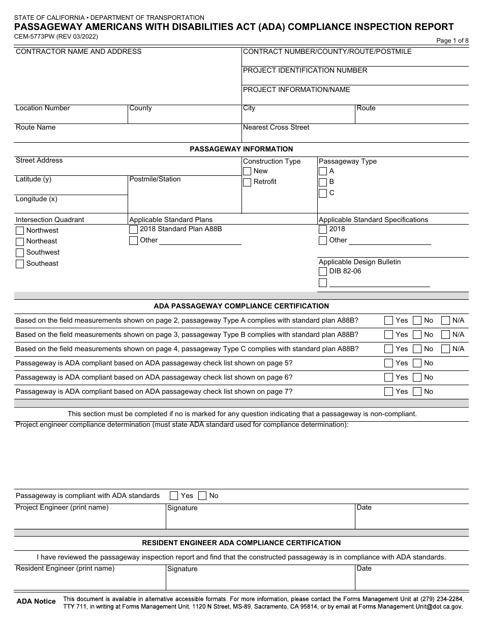 Form CEM-5773PW Passageway Americans With Disabilities Act (Ada) Compliance Inspection Report - California, Page 1