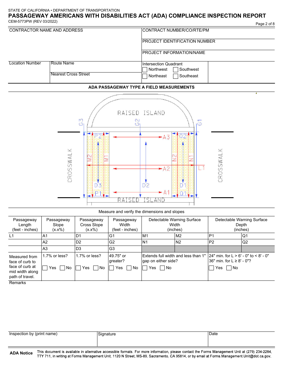 Form CEM-5773PW Passageway Americans With Disabilities Act (Ada) Compliance Inspection Report - California, Page 2