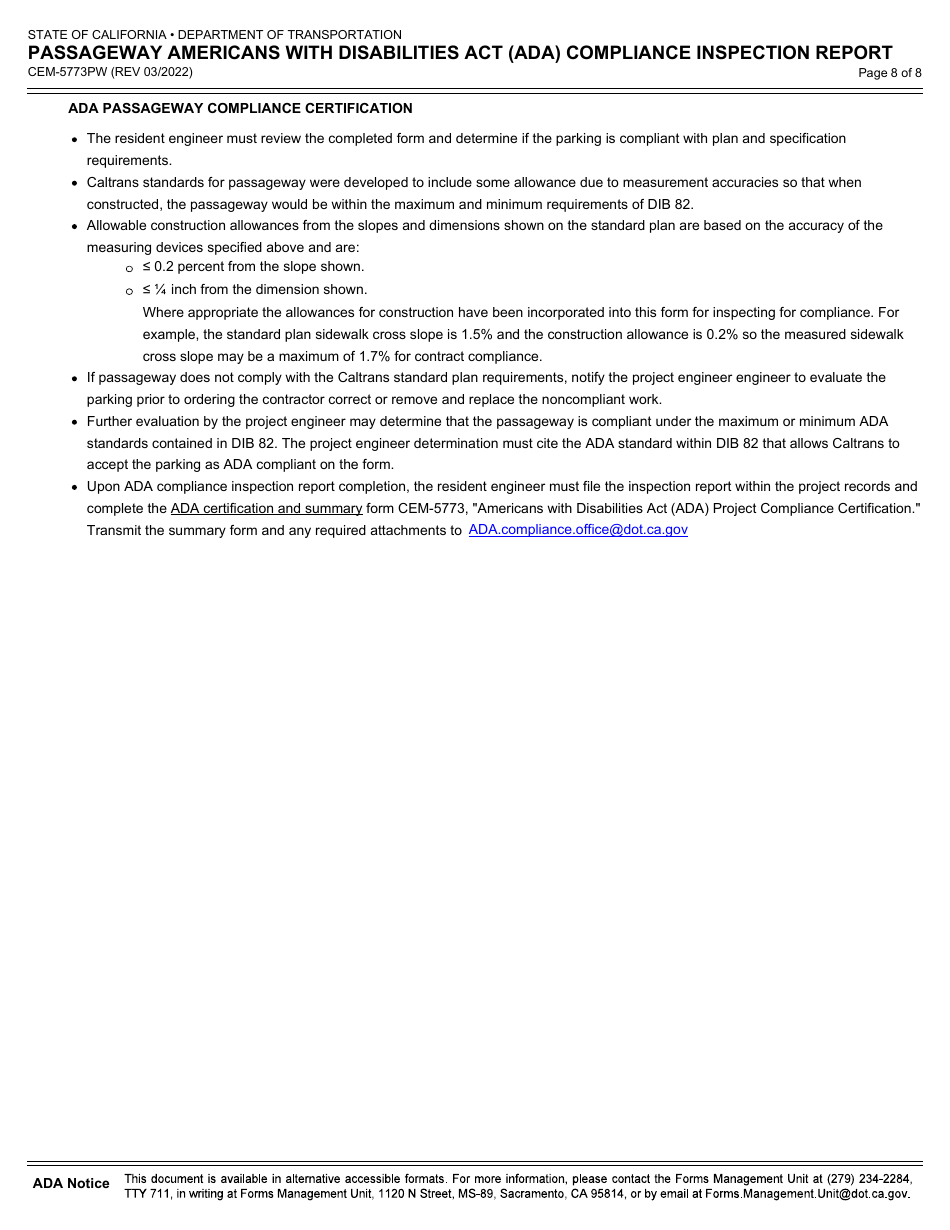 Form CEM-5773PW Passageway Americans With Disabilities Act (Ada) Compliance Inspection Report - California, Page 8