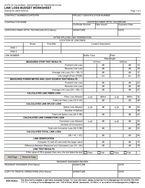 Form CEM-5819C Link Loss Budget Worksheet - California