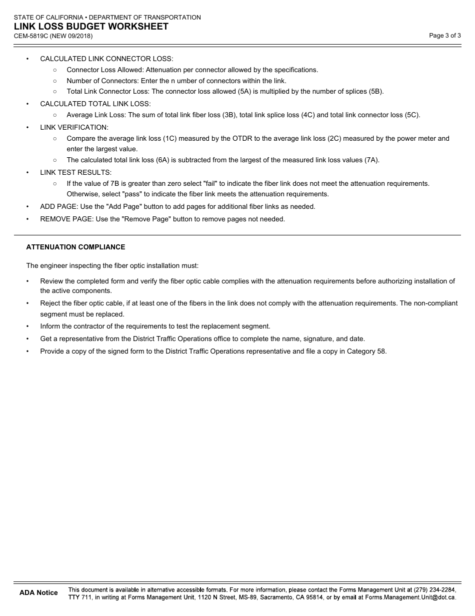 Form CEM-5819C Link Loss Budget Worksheet - California, Page 3