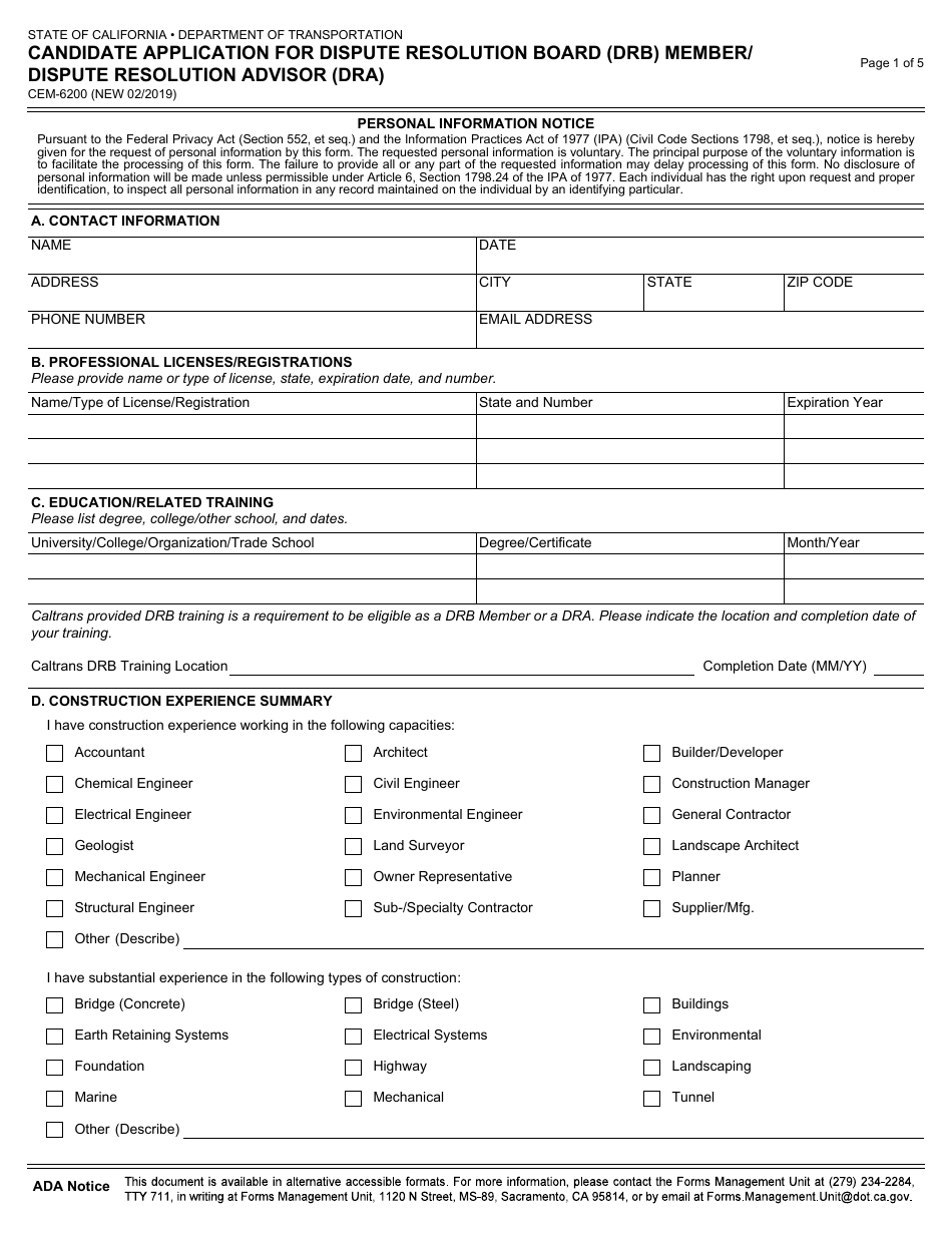 Form CEM-6200 Candidate Application for Dispute Resolution Board (Drb) Member / Dispute Resolution Advisor (Dra) - California, Page 1