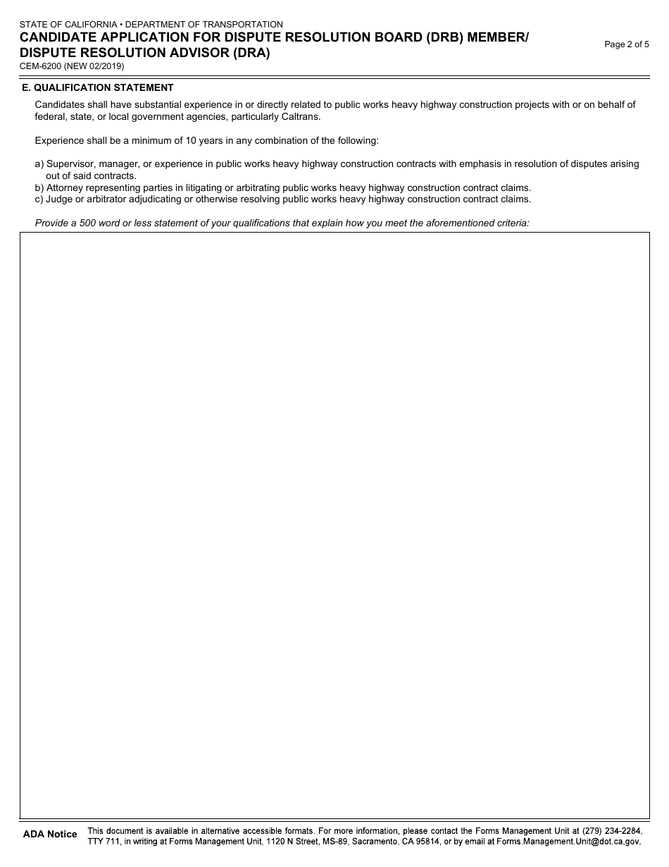 Form CEM-6200 Candidate Application for Dispute Resolution Board (Drb) Member / Dispute Resolution Advisor (Dra) - California, Page 2