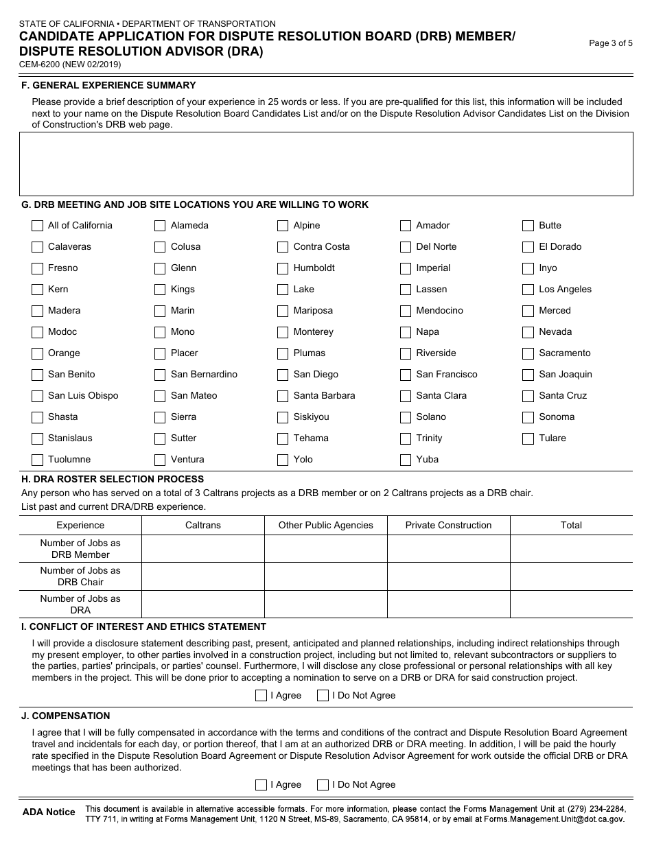 Form CEM-6200 Candidate Application for Dispute Resolution Board (Drb) Member / Dispute Resolution Advisor (Dra) - California, Page 3
