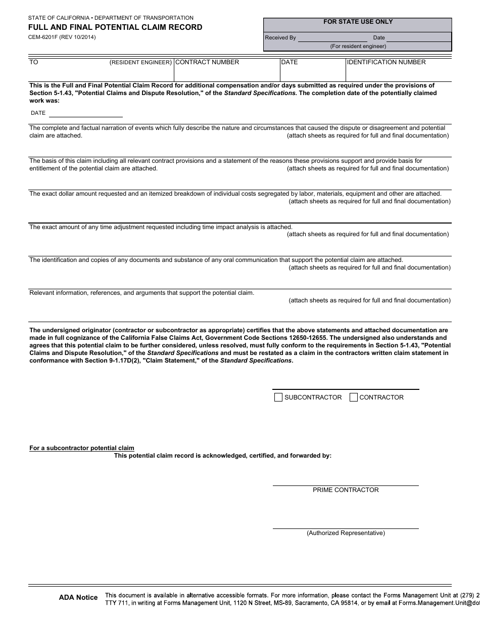 Form CEM-6201F Full and Final Potential Claim Record - California, Page 1