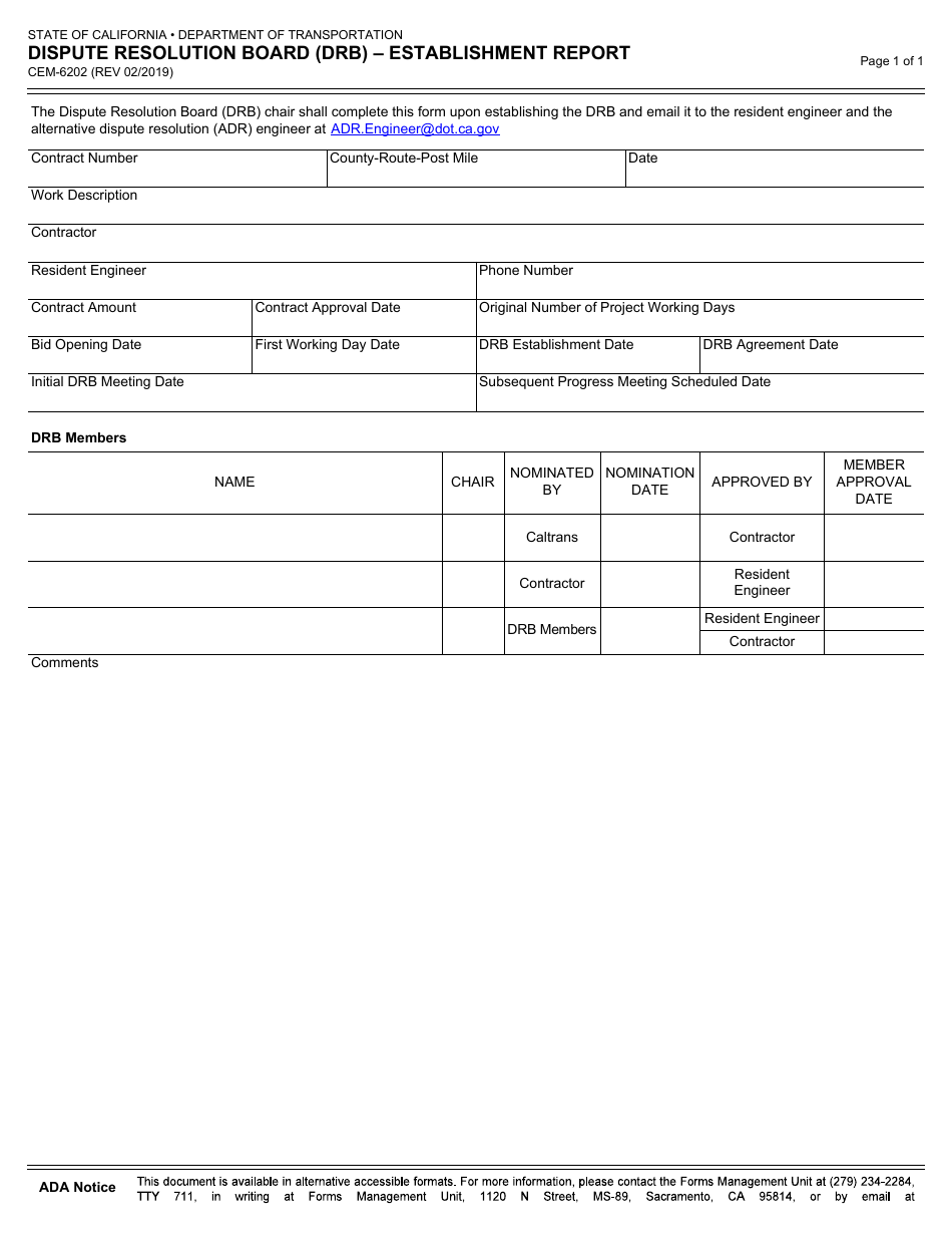 Form CEM-6202 Dispute Resolution Board (Drb) - Establishment Report - California, Page 1