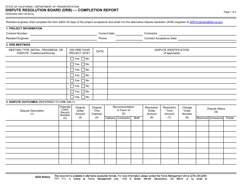 Form CEM-6205 Dispute Resolution Board (Drb) - Completion Report - California