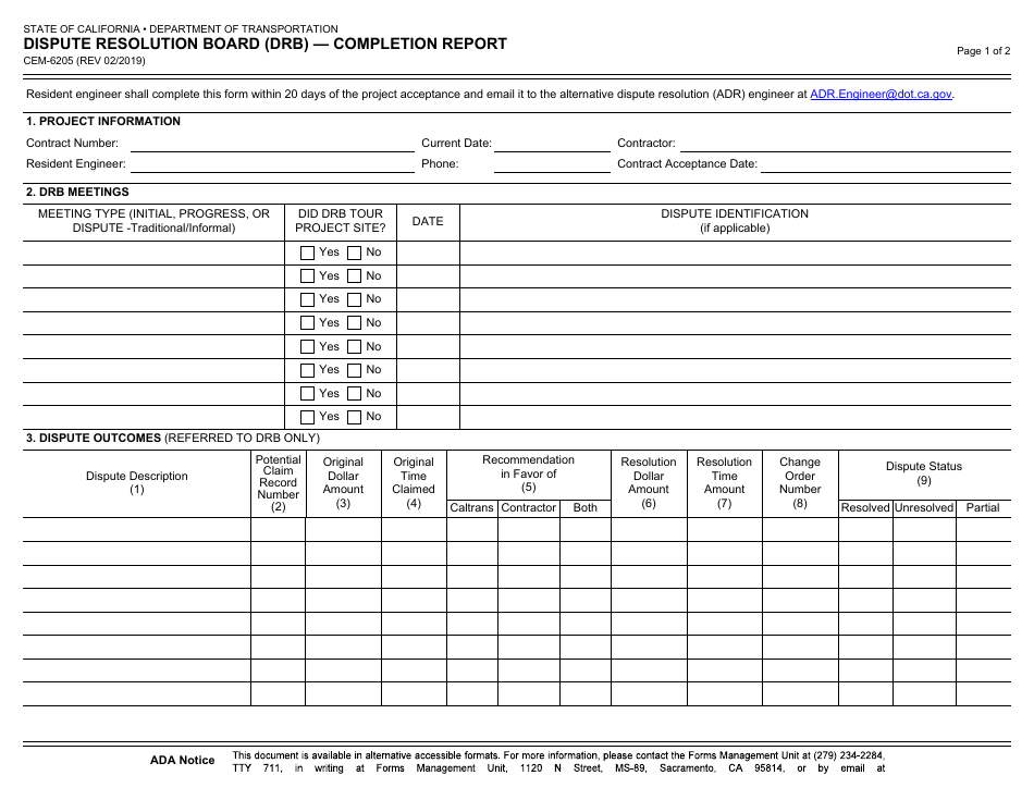 Form CEM-6205 Dispute Resolution Board (Drb) - Completion Report - California, Page 1