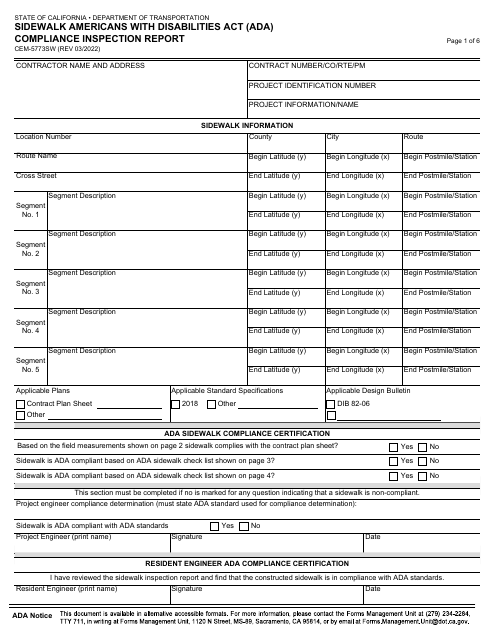 Form CEM-5773SW Sidewalk Americans With Disabilities Act (Ada) Compliance Inspection Report - California