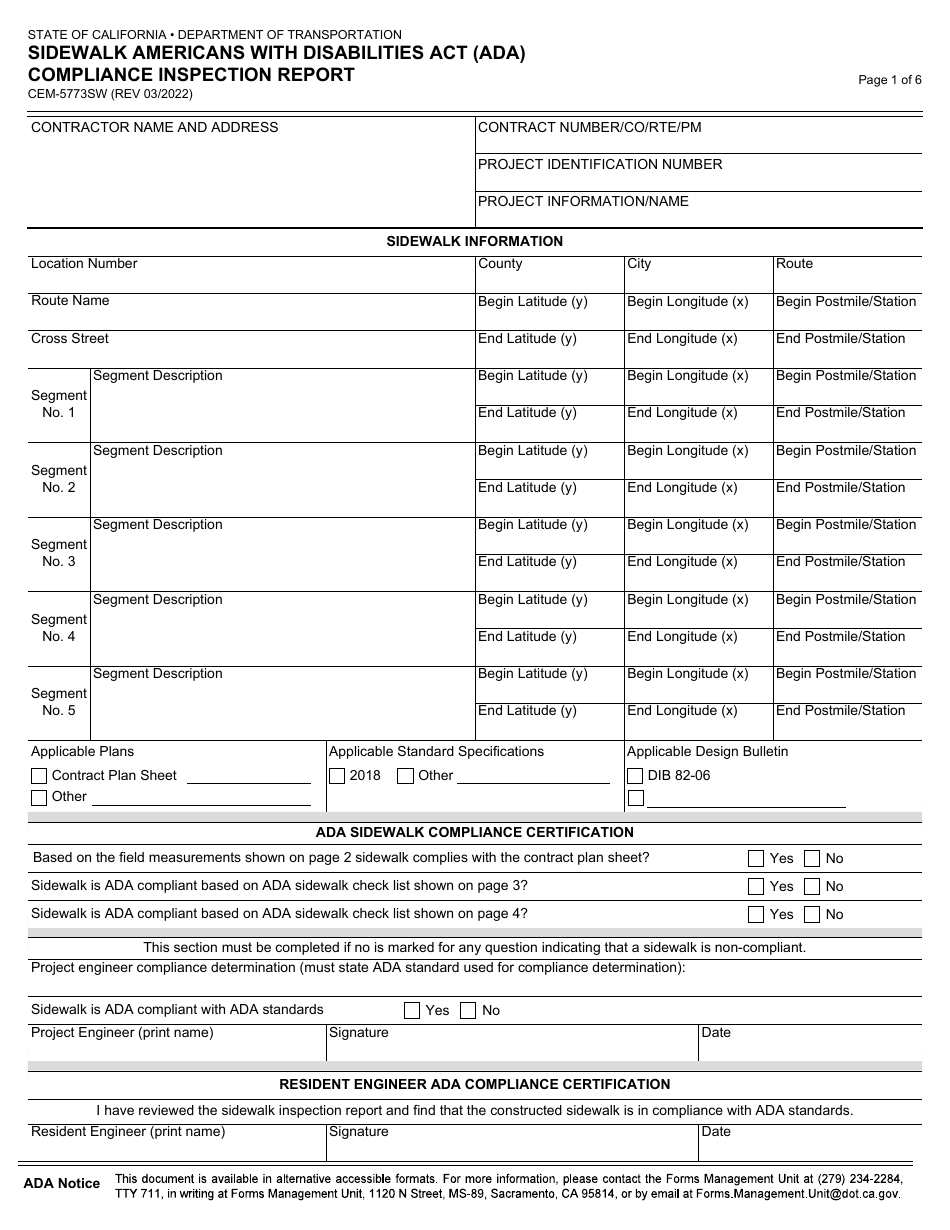 Form CEM-5773SW Sidewalk Americans With Disabilities Act (Ada) Compliance Inspection Report - California, Page 1