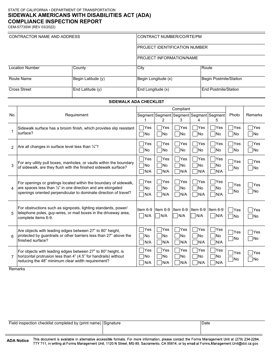 Form CEM-5773SW Download Fillable PDF or Fill Online Sidewalk Americans ...