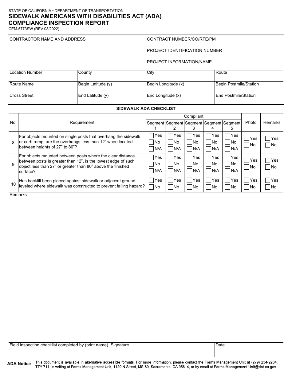 Form CEM-5773SW Sidewalk Americans With Disabilities Act (Ada) Compliance Inspection Report - California, Page 4