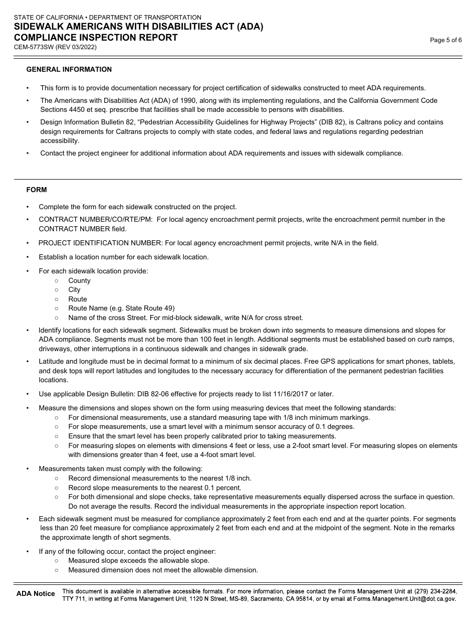 Form CEM-5773SW Sidewalk Americans With Disabilities Act (Ada) Compliance Inspection Report - California, Page 5