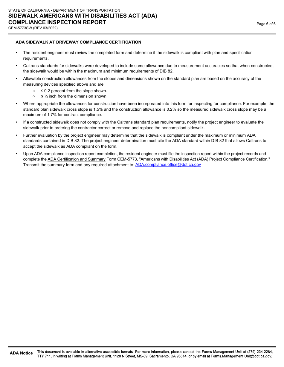 Form CEM-5773SW Sidewalk Americans With Disabilities Act (Ada) Compliance Inspection Report - California, Page 6