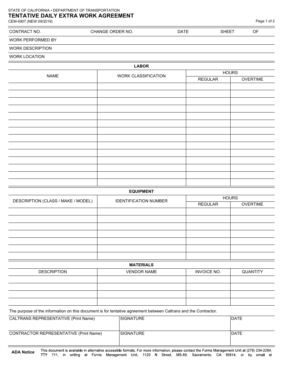 Form CEM-4907 Tentative Daily Extra Work Agreement - California, Page 1