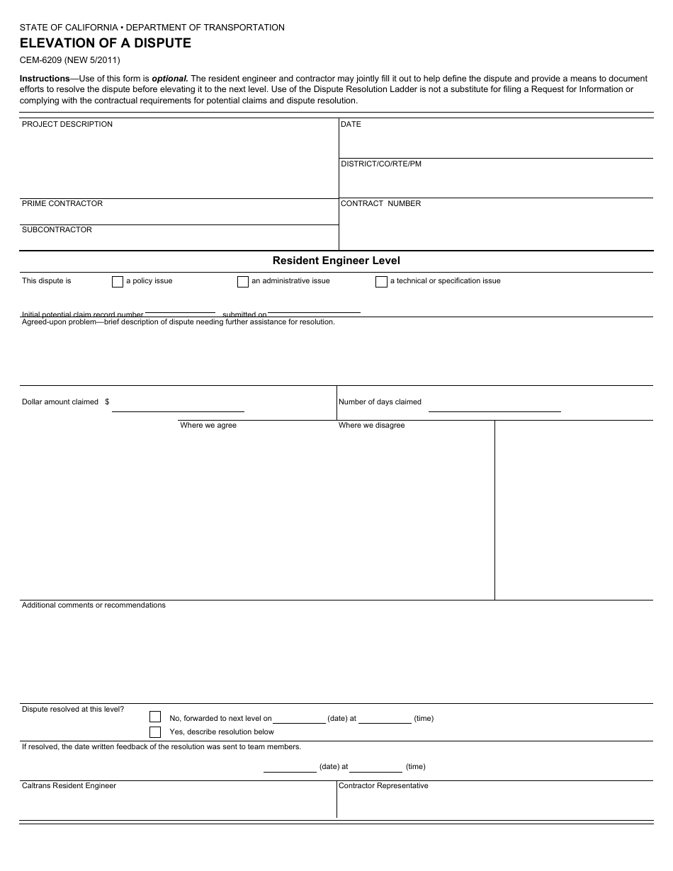 Form CEM-6209 Elevation of a Dispute - California, Page 1