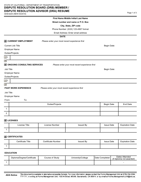 Form CEM-6220 Dispute Resolution Board (Drb) Member/Dispute Resolution Advisor (Dra) Resume - California