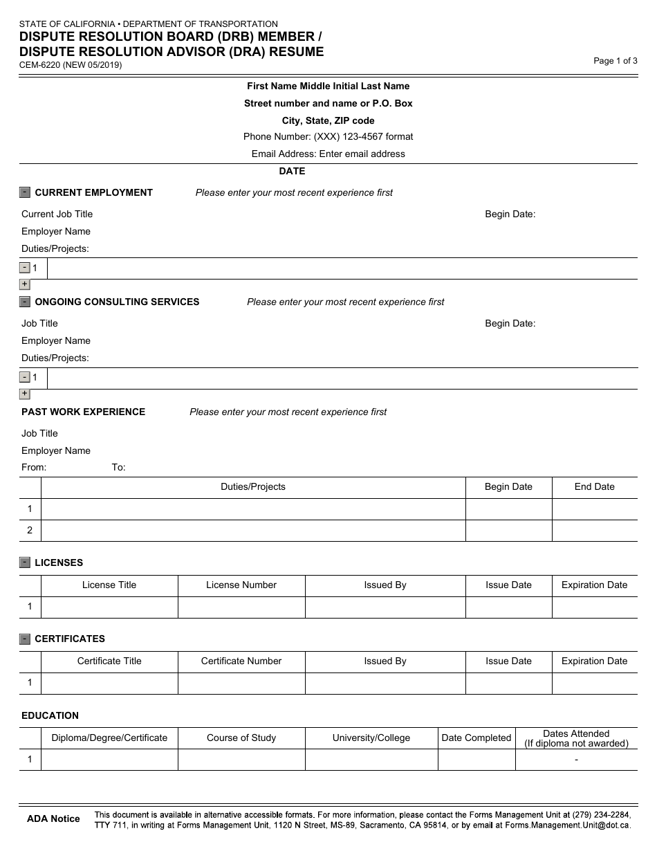 Form CEM-6220 Dispute Resolution Board (Drb) Member / Dispute Resolution Advisor (Dra) Resume - California, Page 1