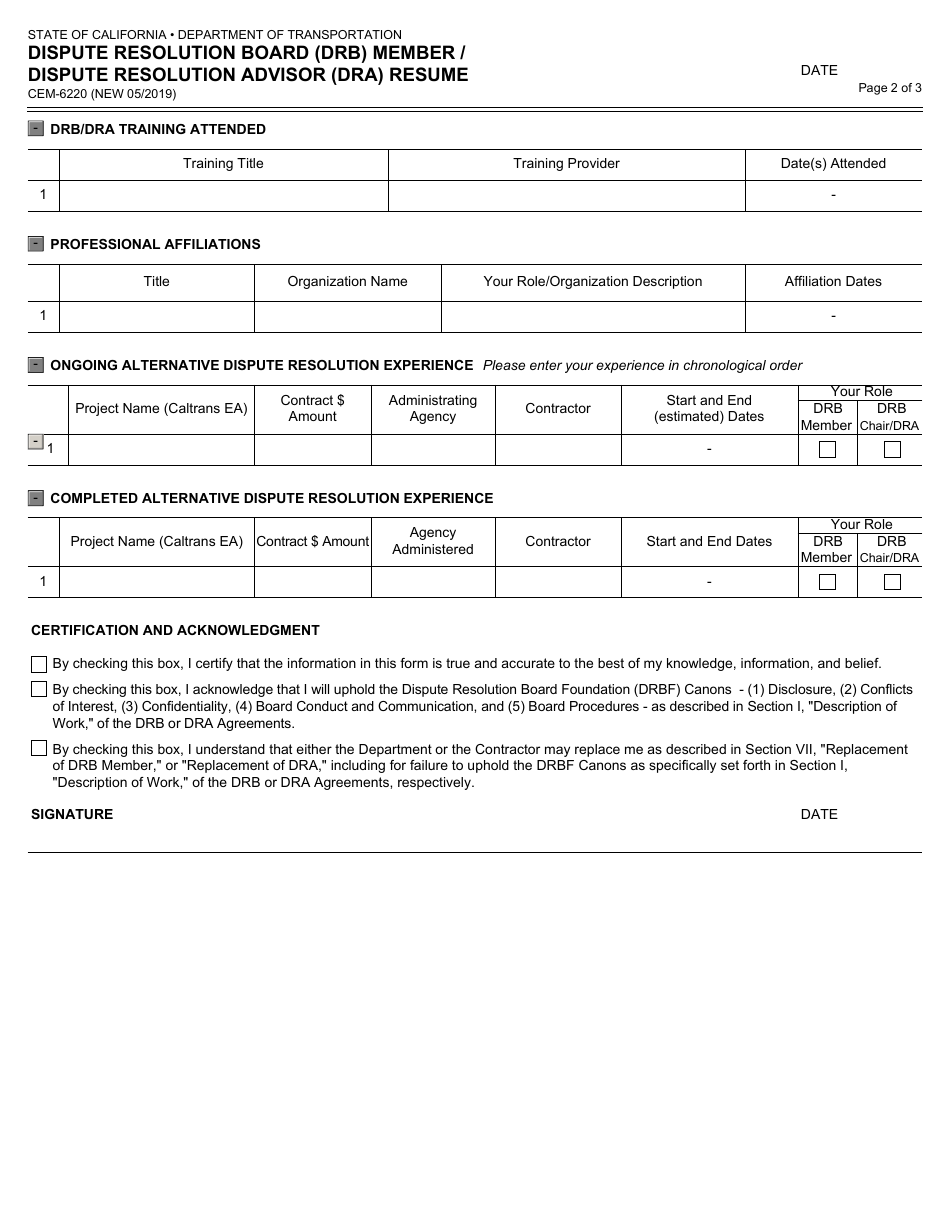 Form CEM-6220 Dispute Resolution Board (Drb) Member / Dispute Resolution Advisor (Dra) Resume - California, Page 2