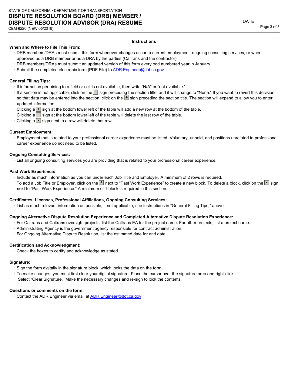 Form CEM-6220 Dispute Resolution Board (Drb) Member / Dispute Resolution Advisor (Dra) Resume - California, Page 3