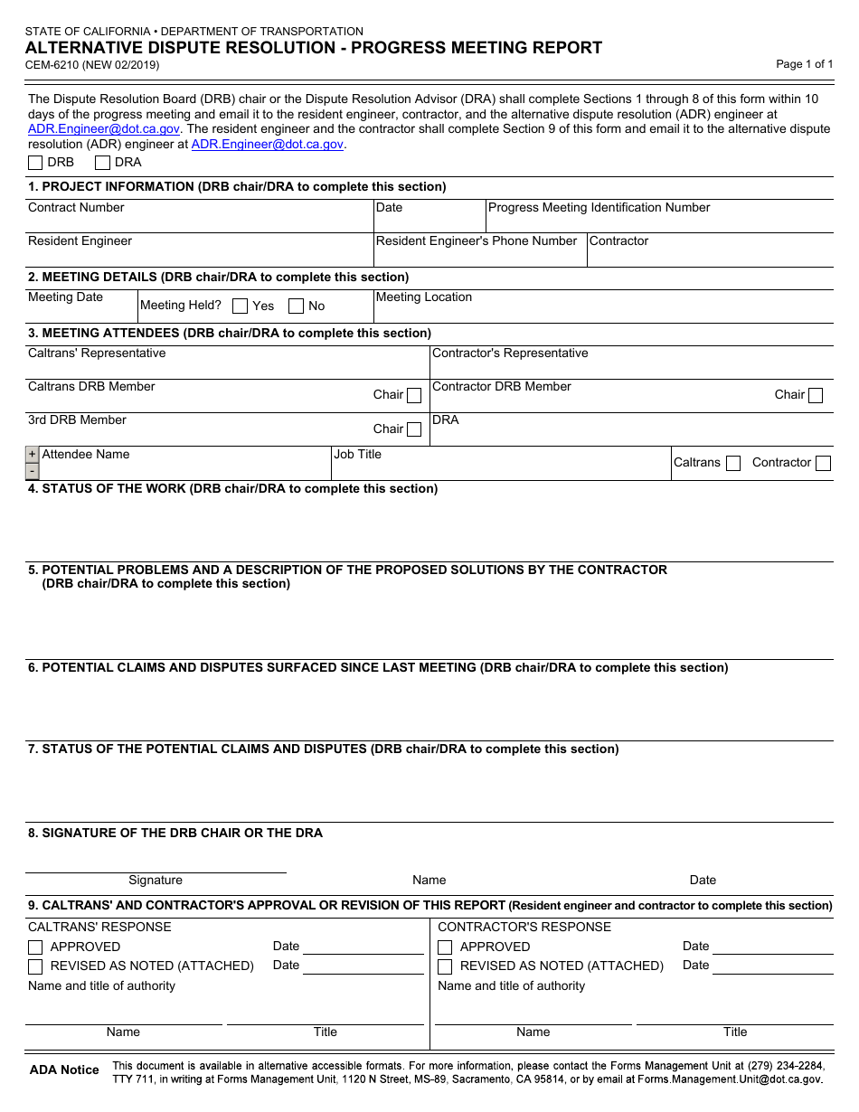 Form CEM-6210 Alternative Dispute Resolution - Progress Meeting Report - California, Page 1