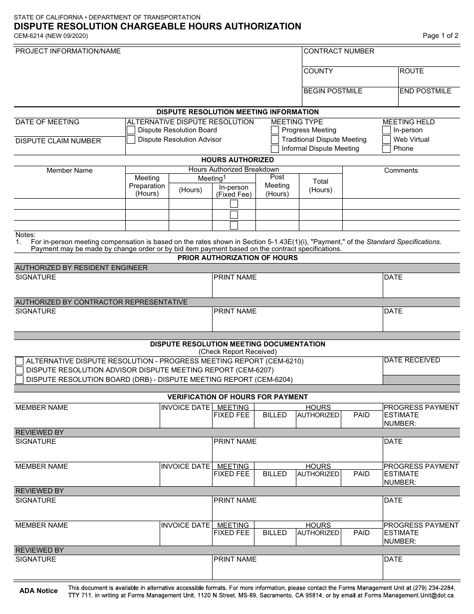 Form CEM-6214 Dispute Resolution Chargeable Hours Authorization - California, Page 1