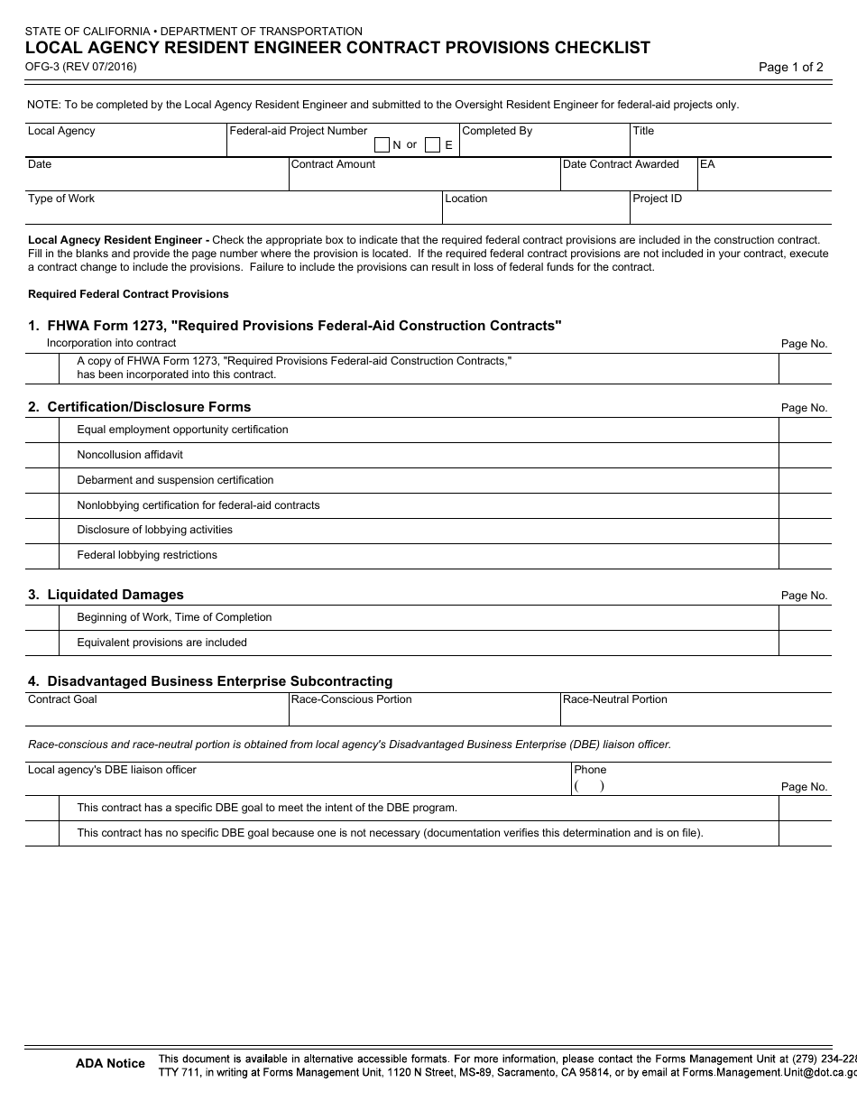 Form OFG-3 Local Agency Resident Engineer Contract Provisions Checklist - California, Page 1