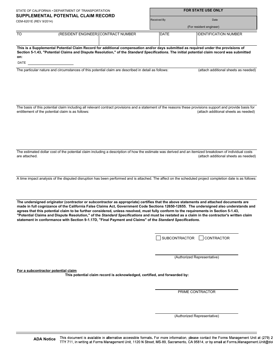 Form CEM-6201E Supplemental Potential Claim Record - California, Page 1