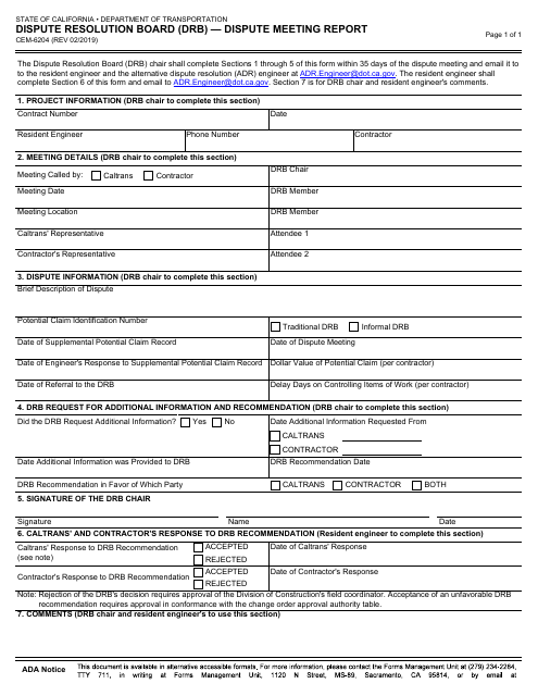Form CEM-6204 Dispute Resolution Board (Drb) - Dispute Meeting Report - California