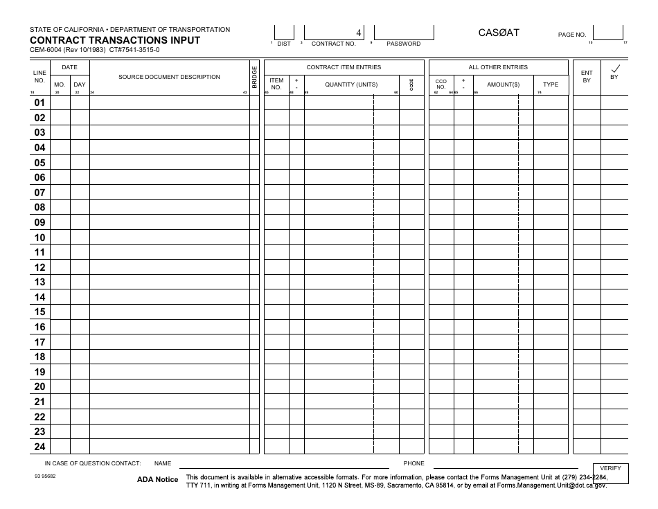 Form CEM-6004 Contract Transactions Input - California, Page 1